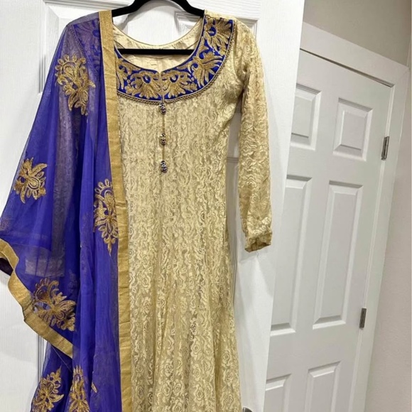 Beautiful Anarkali Style Gold & Blue Suit with dupatta (scarf) - Picture 1 of 1